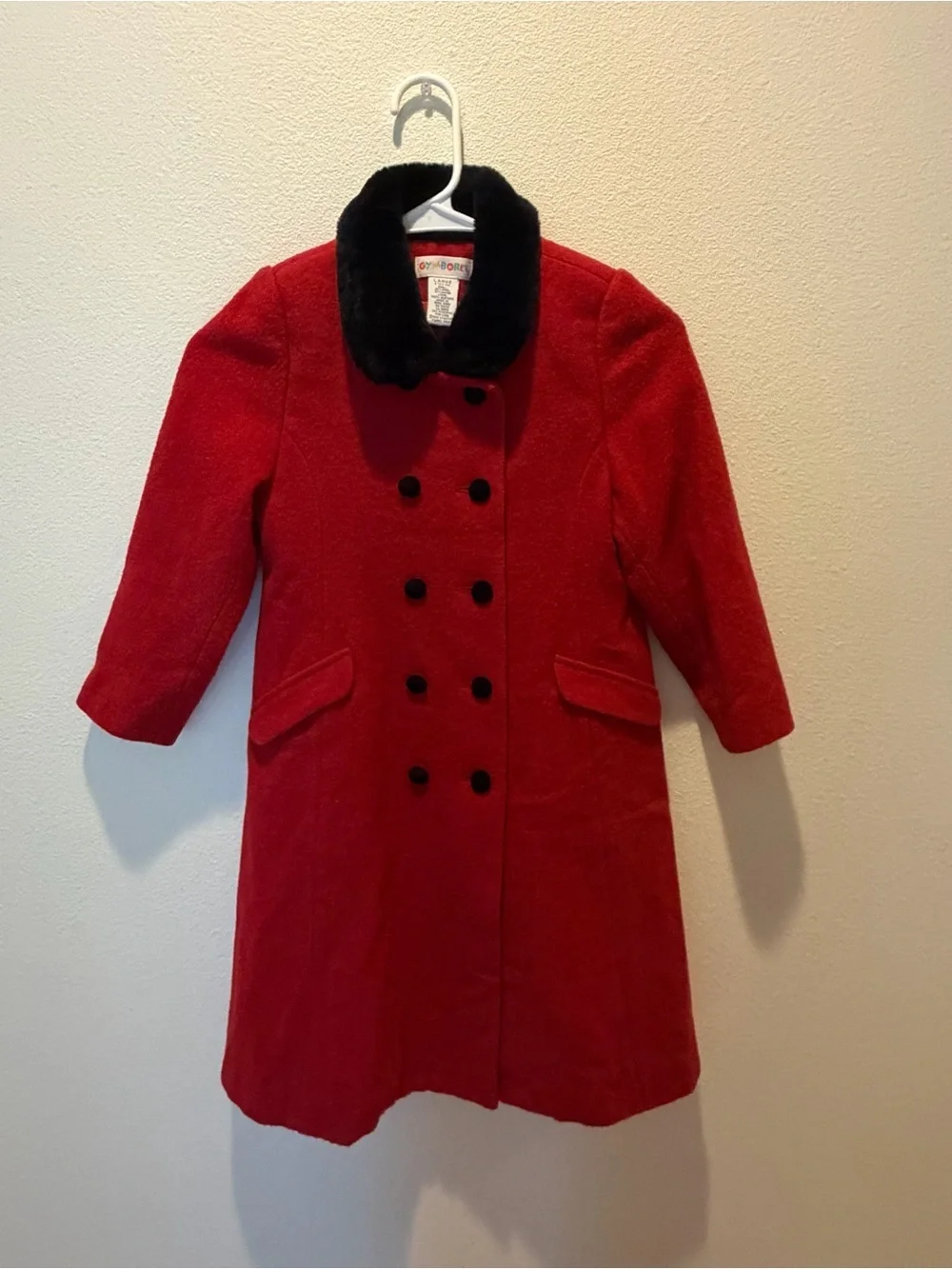 Vintage Gymboree Girls Red Wool Blend Dress Coat Size 10-12 Black Faux Fur